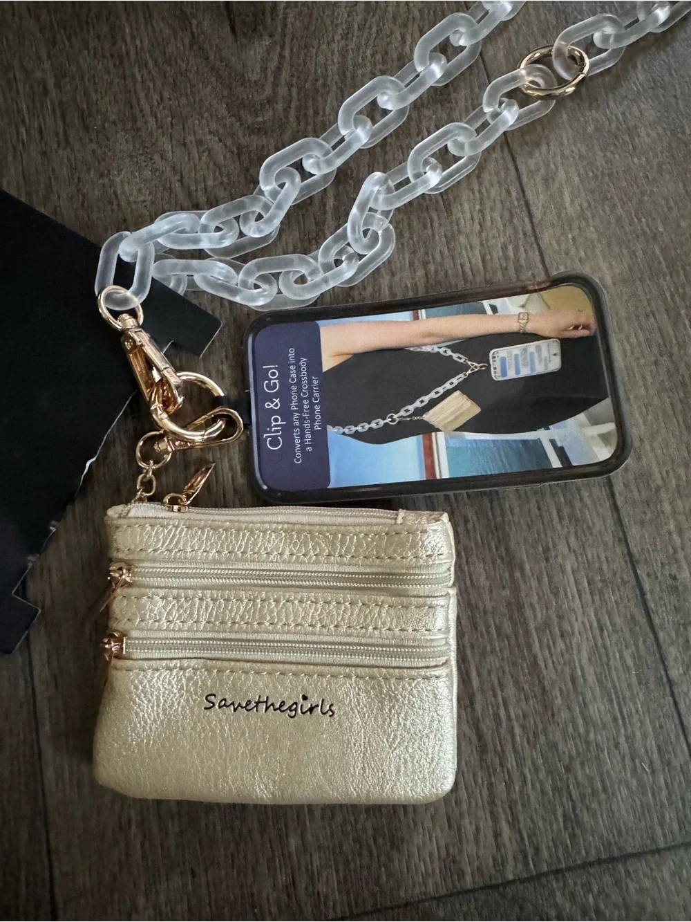 Save The Girls Clear Acrylic Link Crossbody with Gold Coin Pouch - Clear/Gold